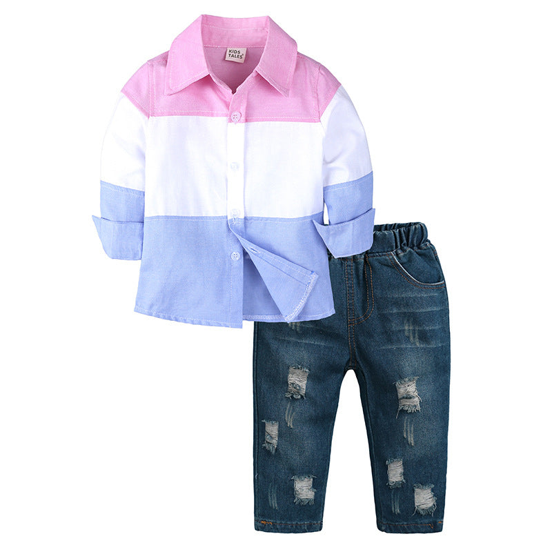 Color Blocking Shirts With Ripped Jeans Wholesale Toddler Boy Clothes Sets - PrettyKid