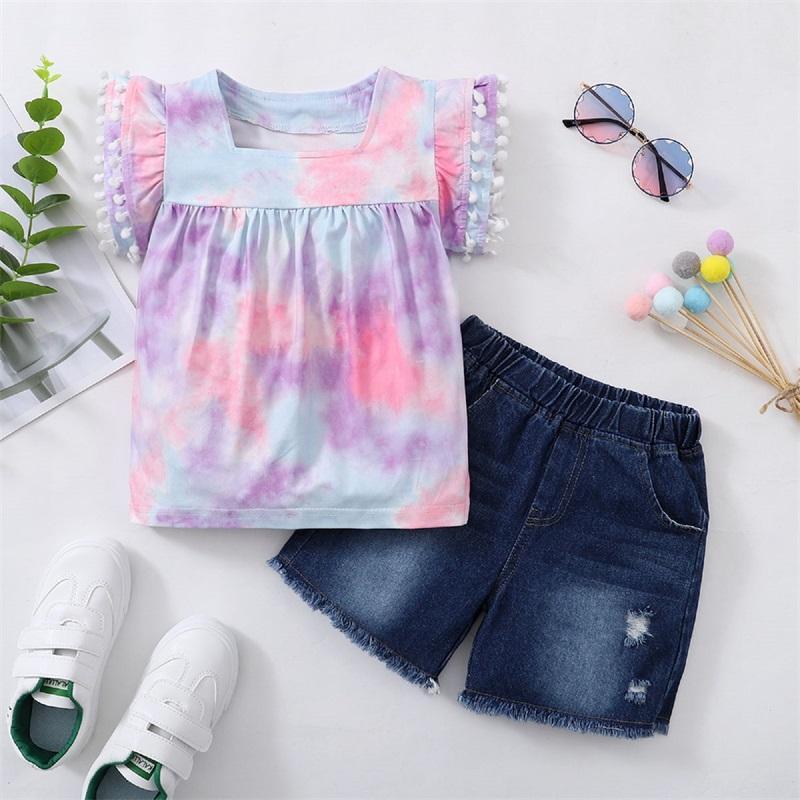 Toddler Girl Tiered Sleeve Tie Dye Top & Ripped Denim Shorts - PrettyKid