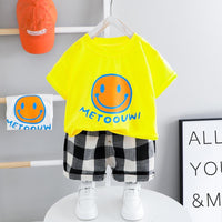 2pcs Fashion Color-block Smile Print T-shirt and Plaid Pants - PrettyKid