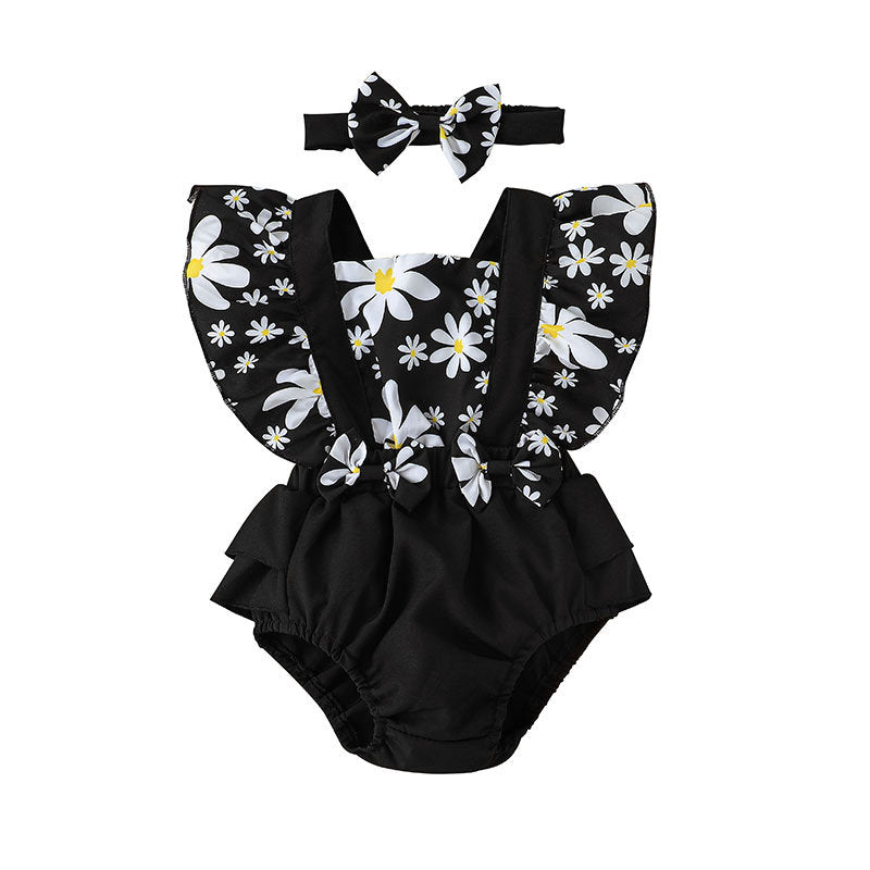 0-18M Baby Girls Flower Flutter Sleeve Bodysuit & Headband Wholesale Baby Boutique Clothing - PrettyKid