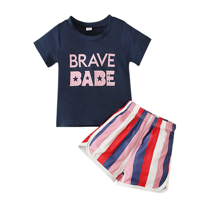 18M-6Y Toddler Girls Sets BRAVE BABE Striped Print T-Shirts & Shorts Wholesale Girls Clothes
