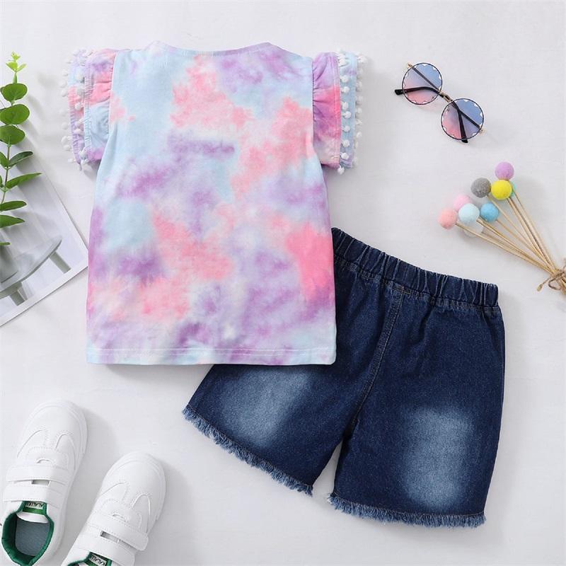 Toddler Girl Tiered Sleeve Tie Dye Top & Ripped Denim Shorts - PrettyKid