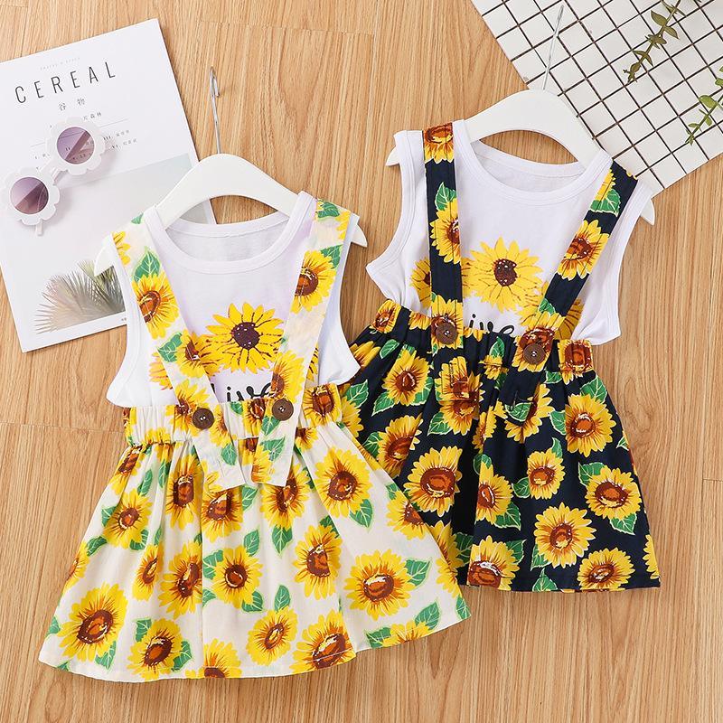 Toddler Girl Sunflower Pattern Sleeveless Top & Suspender Skirt - PrettyKid