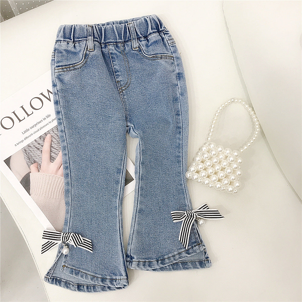 18months-6years Toddler Girl Denim Pants Children Jeans Bow Flared Pants Wholesale Baby Clothing - PrettyKid