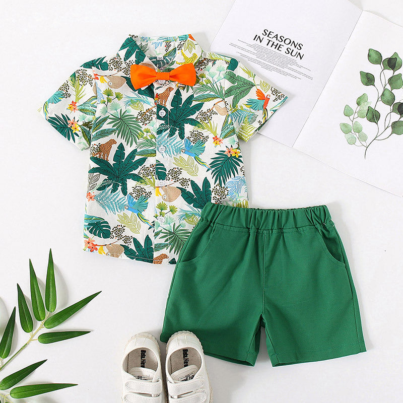9M-6Y Toddler Boys Outfits Sets Tropical Print Bowtie Shirts & Shorts Wholesale Boy Boutique Clothes - PrettyKid