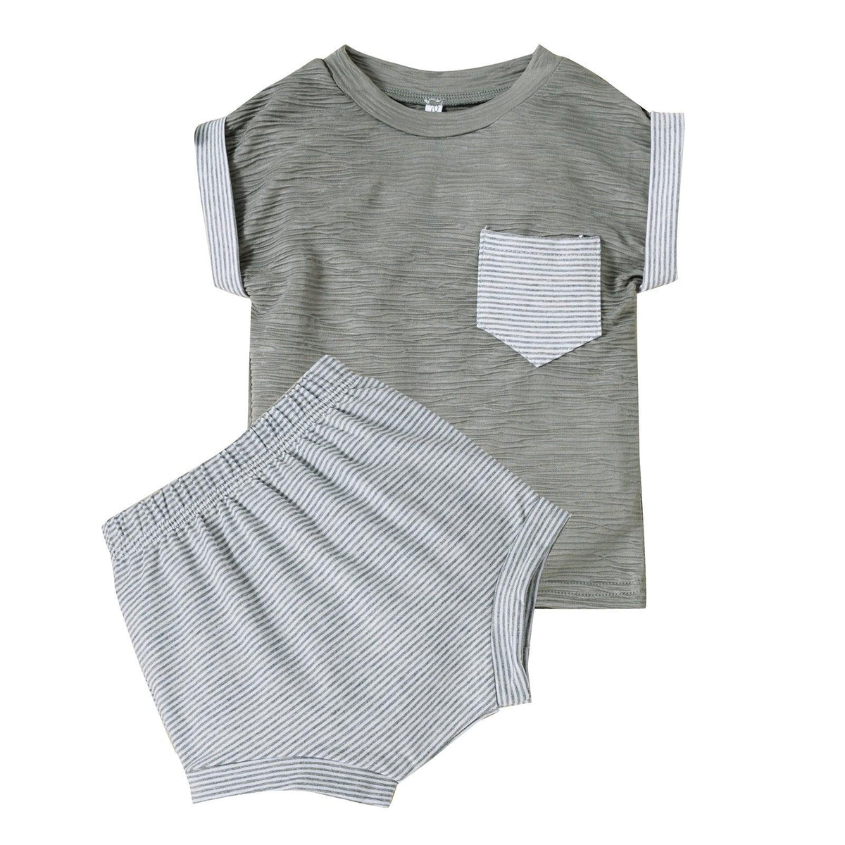 Baby Boy Short Sleeve Pocket T-Shirt And Striped Shorts Two Piece Baby Sets - PrettyKid