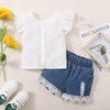 12M-5Y Buttoned Flat Panel Denim Shorts Set With Flying Sleeves Toddler Girl Wholesale Boutique Clothing - PrettyKid