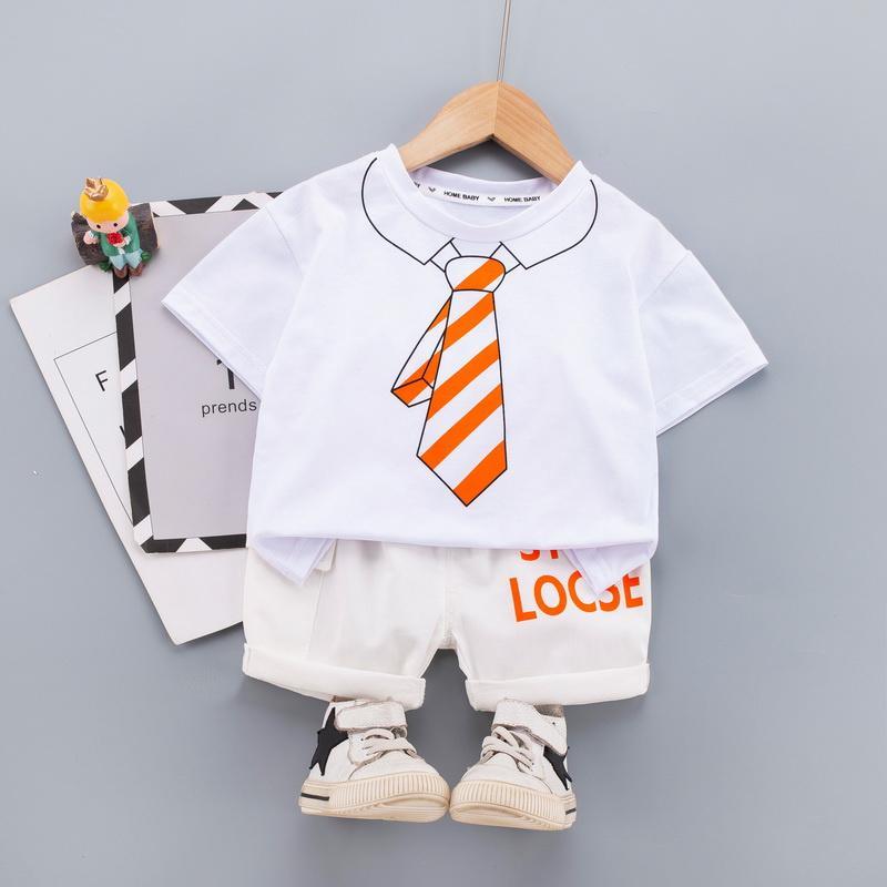 Grow Boy Tie Patten Top & Contrast Letters Shorts - PrettyKid