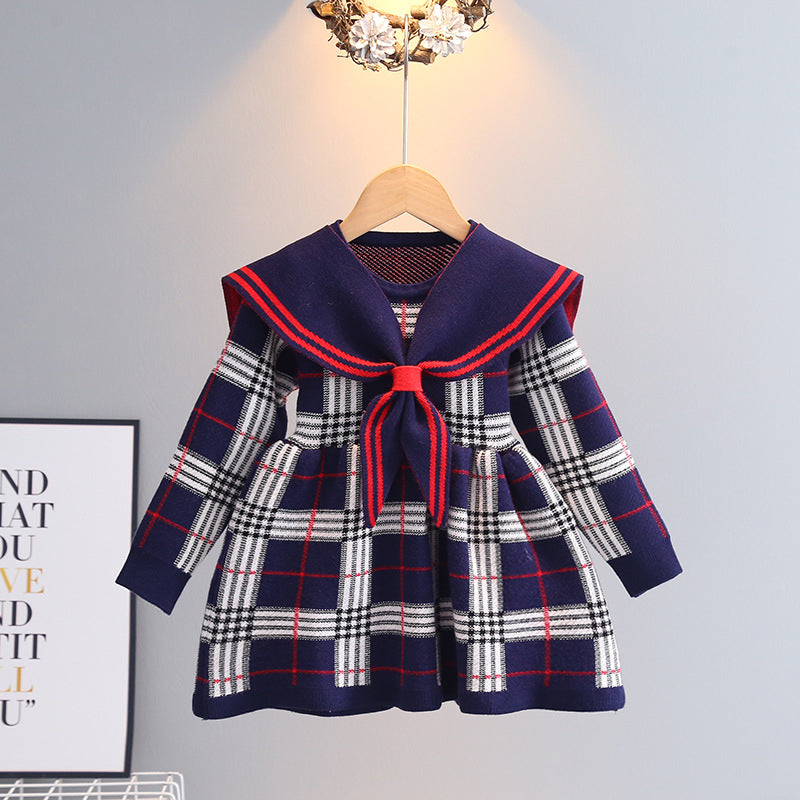 Checked Sailor Collar Knit Toddler Girl Dresses - PrettyKid