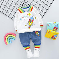 2-piece Fashion Cute Rockets Print Color-block Hoodies and Jeans - PrettyKid