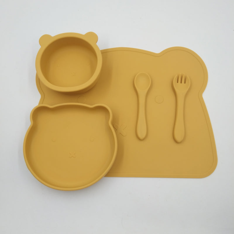 Children's Tableware Set Solid Color Bear Silicone Bowl Dinner Plate Meal Pad Fork Spoon 4-piece Set - PrettyKid