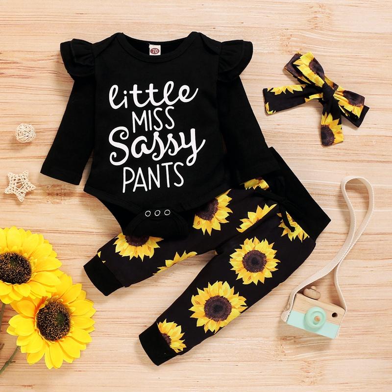 3-piece Letter Pattern Bodysuit & Pants & Headband for Baby Girl - PrettyKid