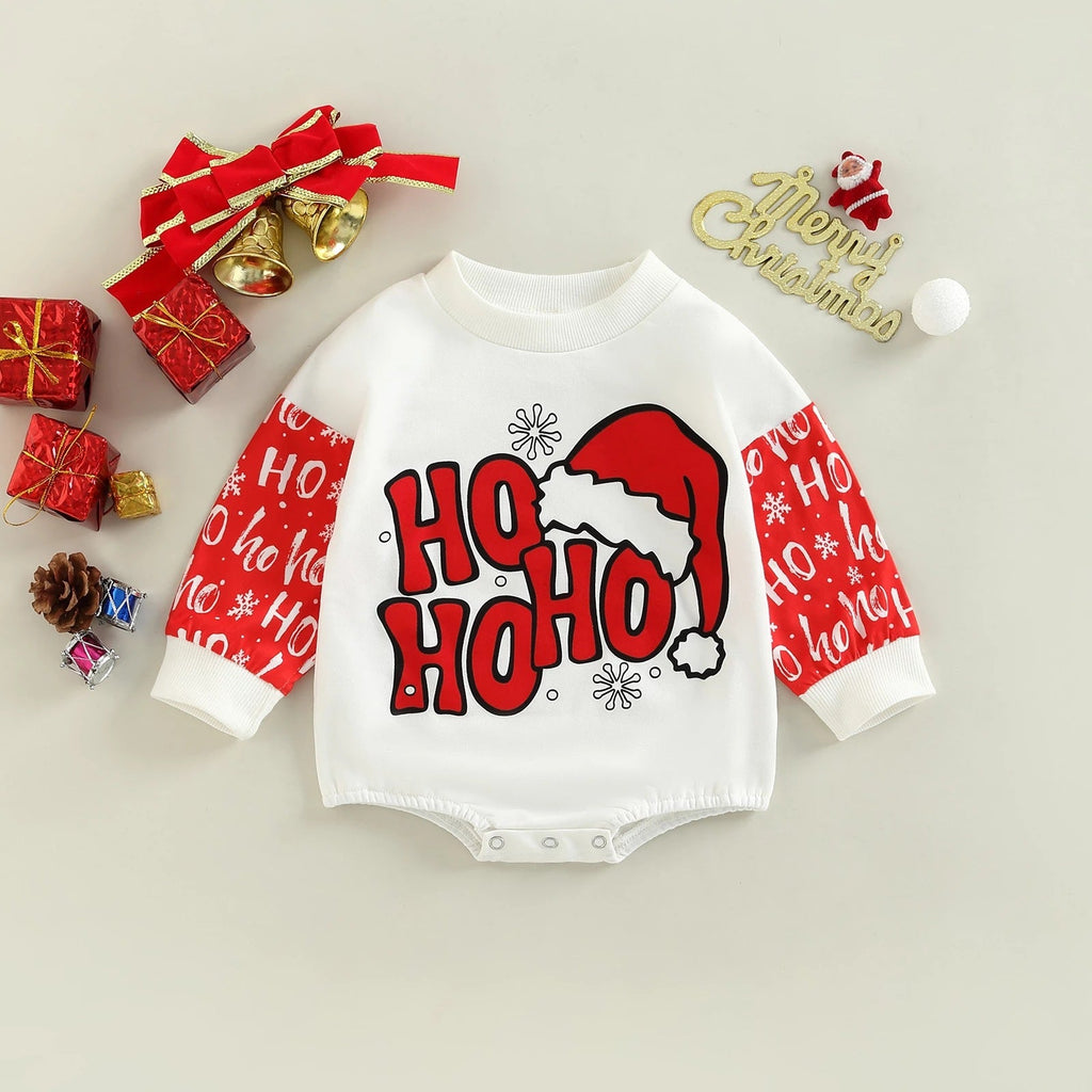 0-12M Baby Onesies Christmas Cartoon Santa Hat Letter Print Colorblock Long Sleeve Bodysuit Wholesale Baby Clothing - PrettyKid