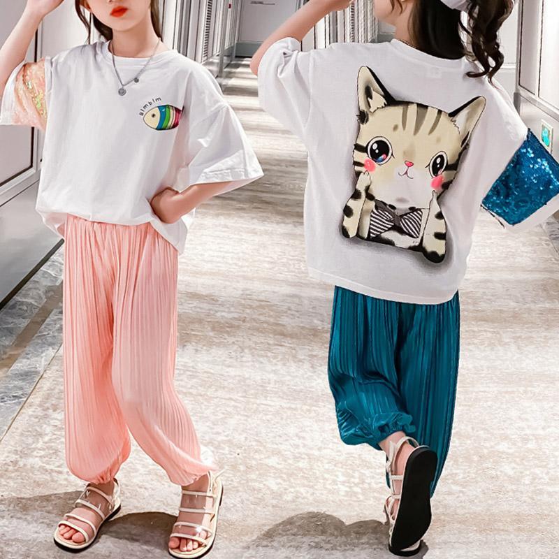 Kid Girl Catoon Cat Patten Top & Pleated pants Children's Clothing - PrettyKid