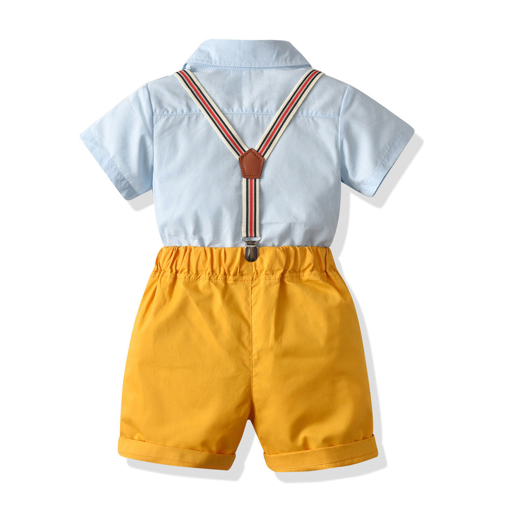 Color Blocking Toddler Boys Suit Sets Bowtie Shirts And Suspender Shorts Wholesale - PrettyKid