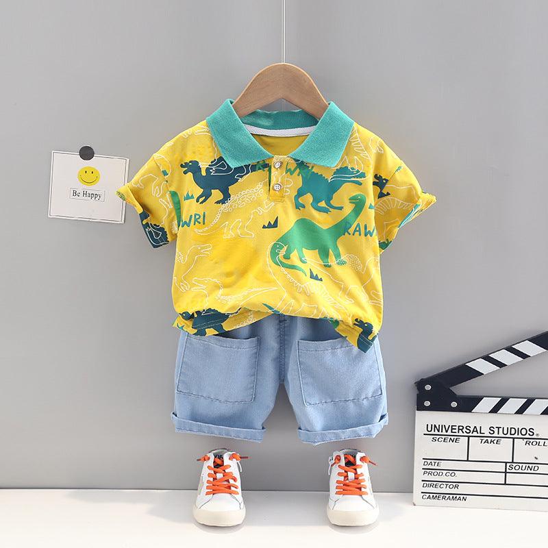 9M-4Y Toddler Boy Clothing Wholesale Outfits Sets Full Print Dinosaur Polo Shirts & Denim Shorts - PrettyKid