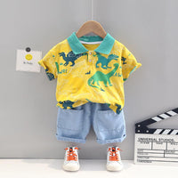 9M-4Y Toddler Boy Clothing Wholesale Outfits Sets Full Print Dinosaur Polo Shirts & Denim Shorts - PrettyKid