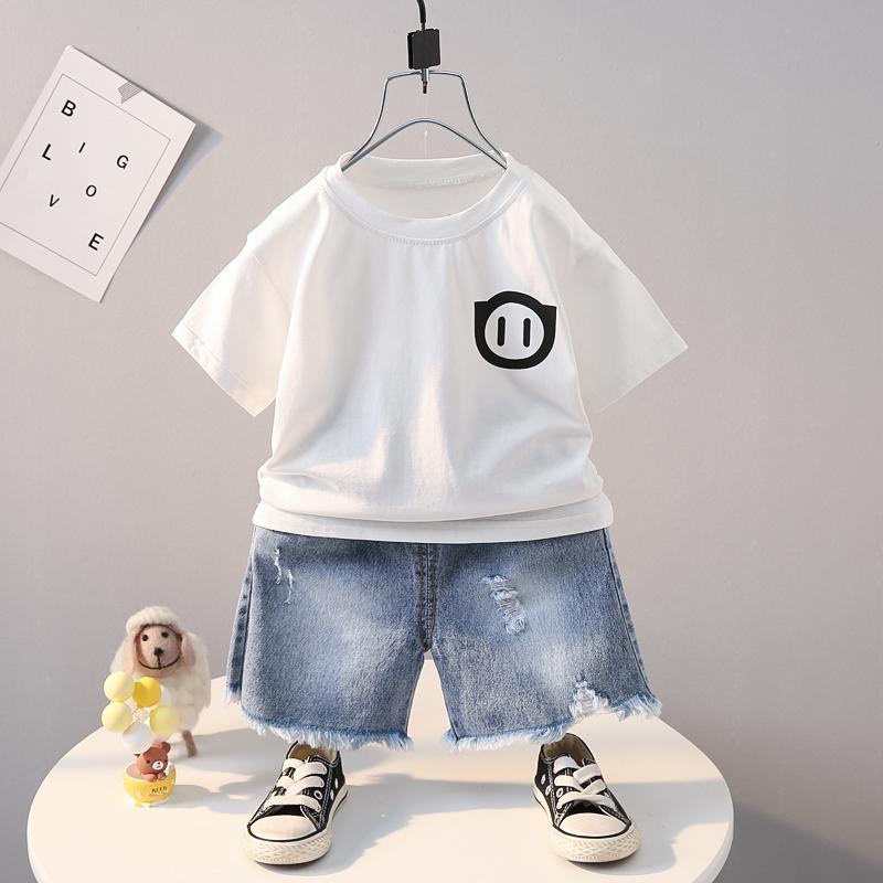 Grow Boy Smiley Pattern T-shirt & Denim Shorts - PrettyKid