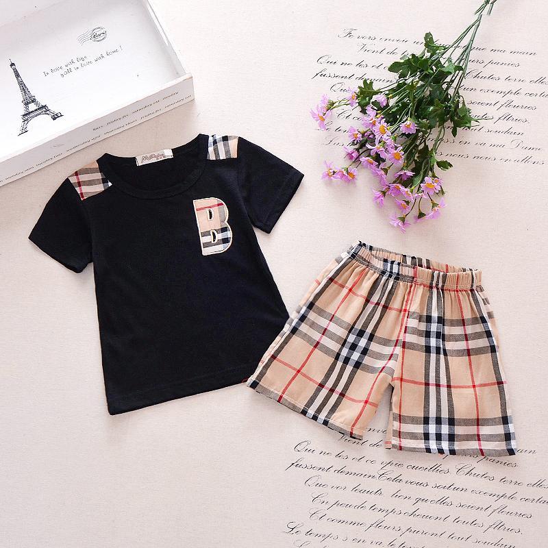 Classic Plaid Letter Short-sleeve Tee and Shorts Set Children's clothing wholesale - PrettyKid