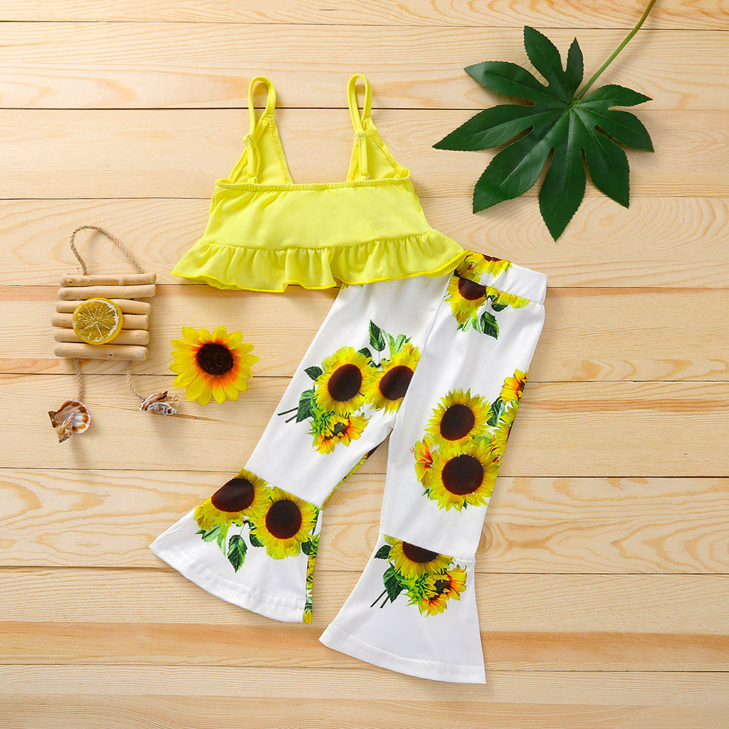 18M-6Y Toddler Girls Clothing Sets Sunflower Print Knot Cami Top & Flared Pants Wholesale Girls Clothes - PrettyKid