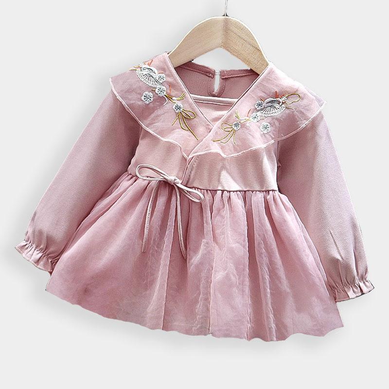 us children's wholesale clothing Baby Girl Embroidery Pattern Solid Color Dress - PrettyKid