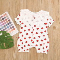 Baby Girl Hollow Petal Collar Strawberry Print Romper - PrettyKid