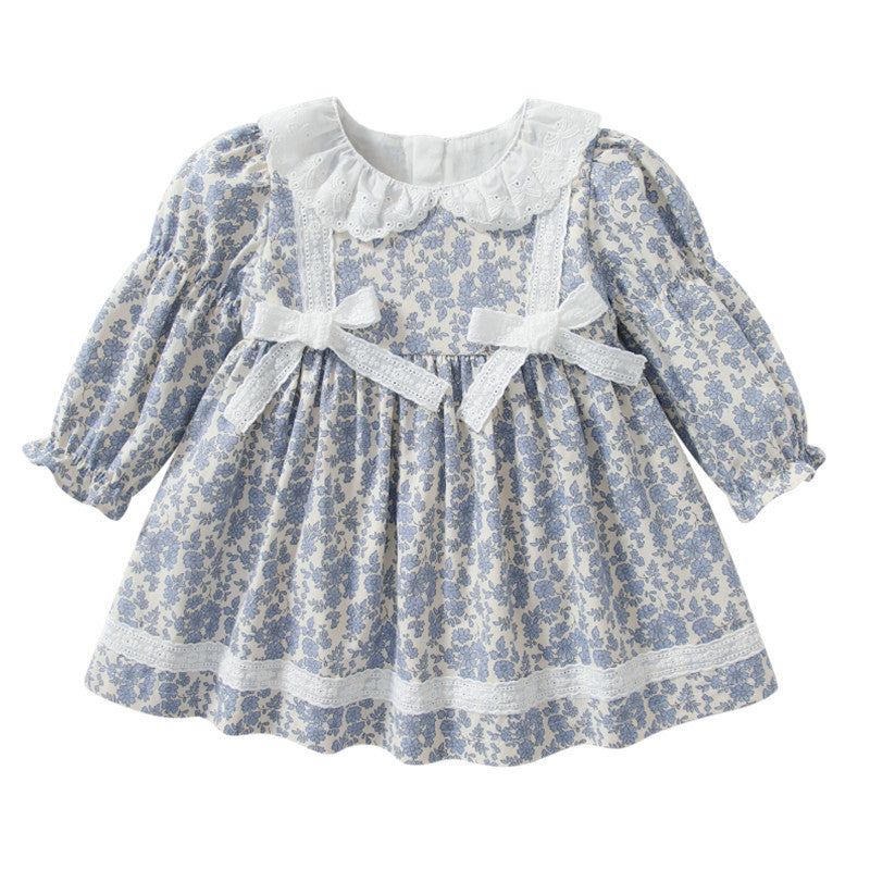 Blue Floral Bow Wholesale Little Girl Dresses - PrettyKid