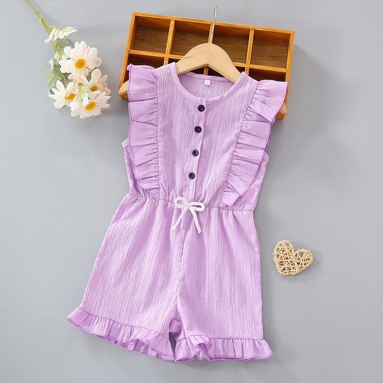 3-7Y Toddler Girls Purple Ruffle Trim Half-Button Romper Wholesale Little Girl Clothing - PrettyKid