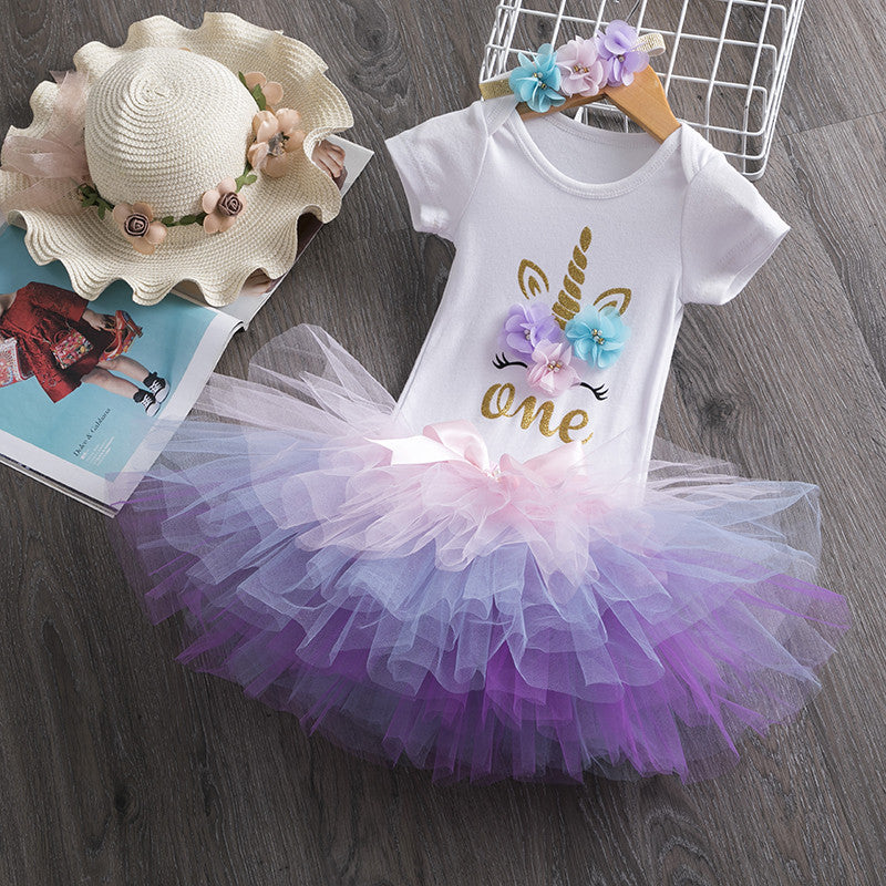 0-12months Baby Sets Three-Piece Set Summer Girls' Birthday Clothes Short-Sleeved Top & Color Skirt & Accessories Children's Clothing - PrettyKid