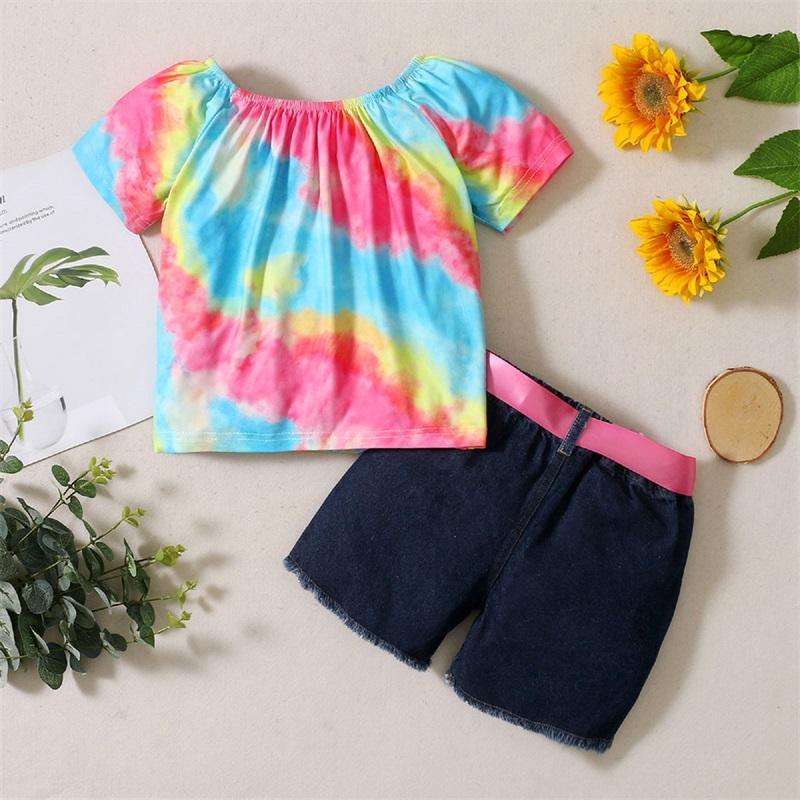 Toddler Girl Tie Dye Top & Ripped Denim Shorts - PrettyKid