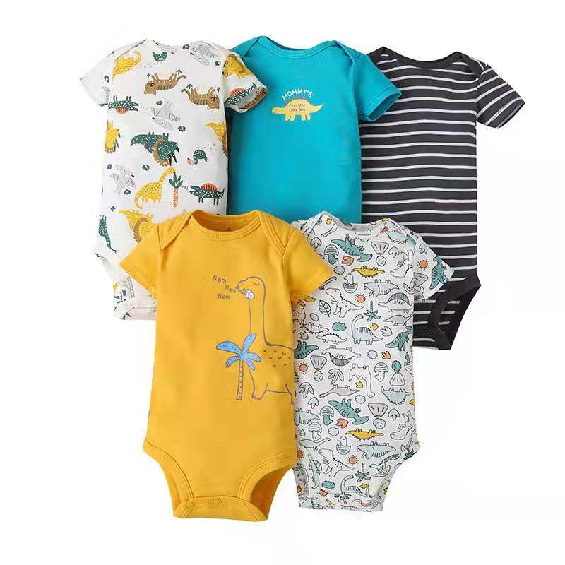 5PCs Set Jumpsuit Baby Boys Girls Short Sleeve Mixed Color Printing Triangle Jumpsuit Creeper 5 - PrettyKid