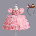 2-10Y Kid Girl Puff Sleeve Sequins Mesh Party Dresses With Headband Wholesale Kids Boutique Clothing KD519601 - PrettyKid