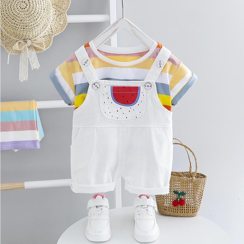 Toddler Boy Striped T-shirt & Watermelon Pattern Kangaroo Pocket Overalls - PrettyKid