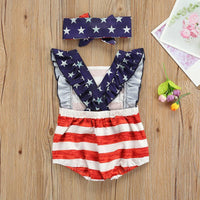 Baby Girl Independence Day Pentagram Print Striped Bodysuit & Headband - PrettyKid