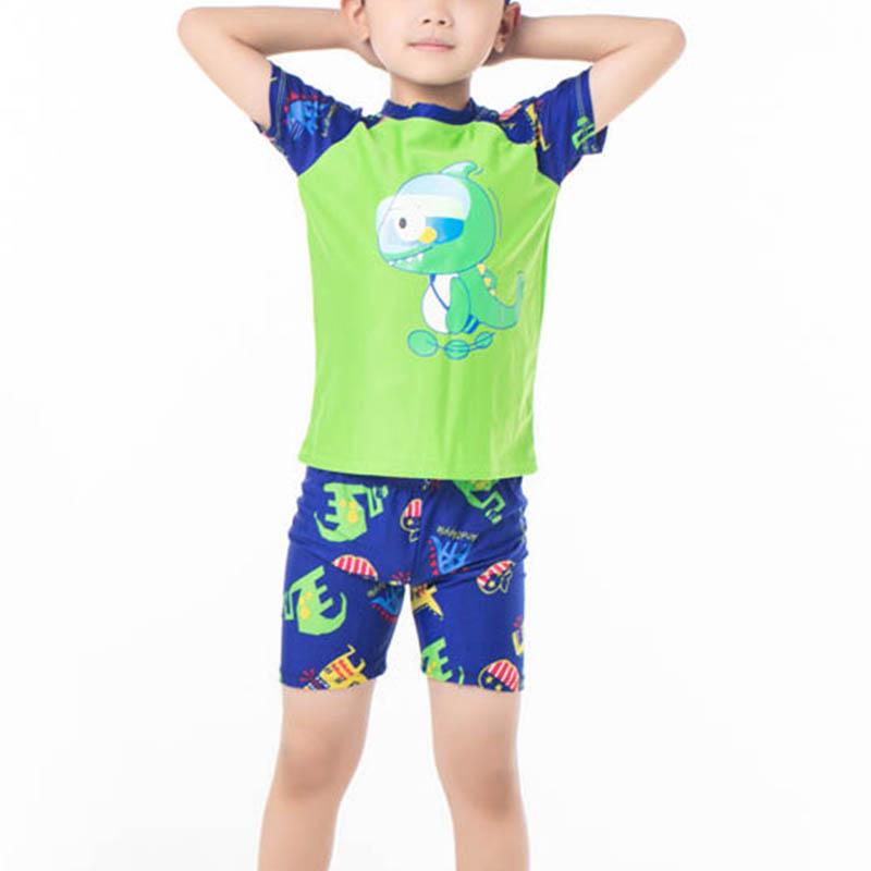 Kid Boy Dinosaur Patten Color-block Swimsuits & Swimming Cap 3 Pic - PrettyKid