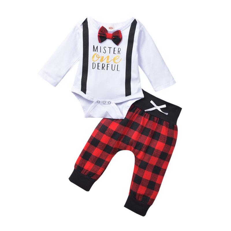 Baby Boy Alphabet One-Piece With Bow Tie And Plaid Pants Two Piece Baby Sets - PrettyKid