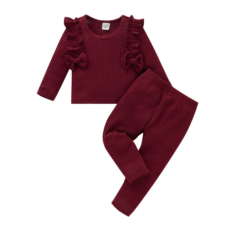 Baby Girl Solid Color Bow Bodysuit And Pants Two Piece Baby Sets - PrettyKid