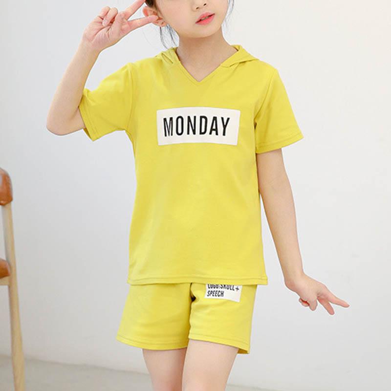 Kid Girl Solid Color Letter Hooded Top & Shorts - PrettyKid