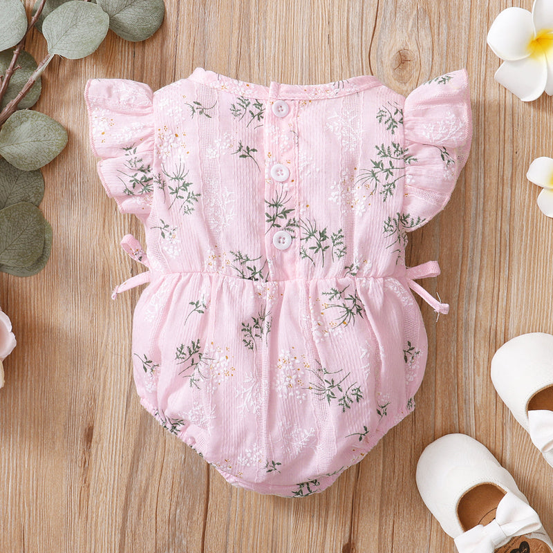 Baby Girl Floral Bow Fly-Sleeve Jumpsuit Baby Girl Jumpsuit - PrettyKid