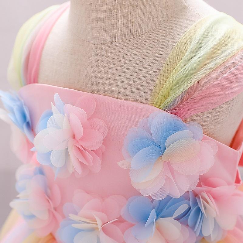Toddler Girl 3D Flower Decor Color-block Sleeveless Mesh Formal Dress - PrettyKid