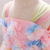 Toddler Girl 3D Flower Decor Color-block Sleeveless Mesh Formal Dress - PrettyKid
