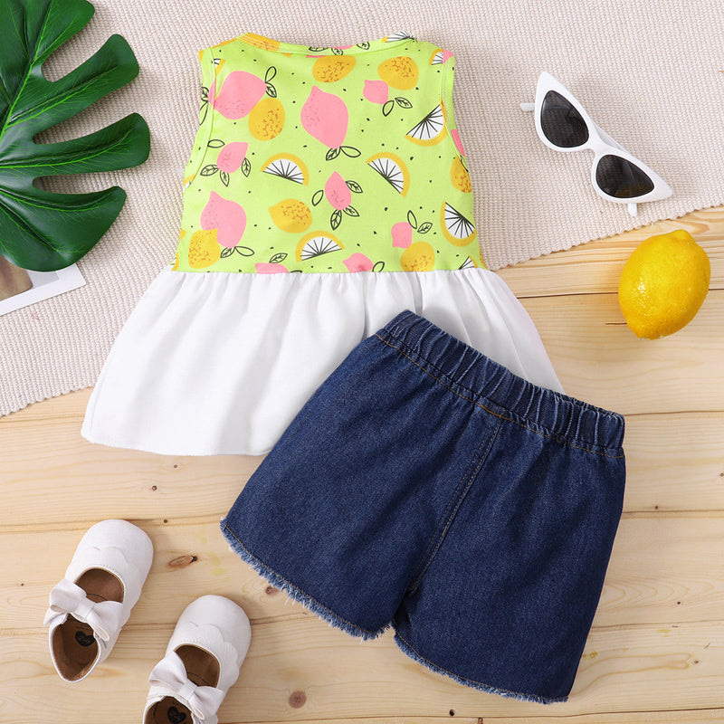 18M-6Y Colorblock Sleeveless Printed Casual Denim Shorts Set Toddler Girl Wholesale Boutique Clothing