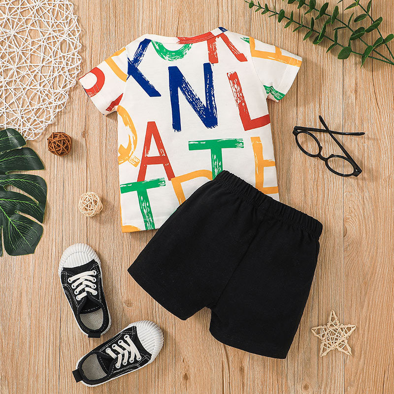 Baby Boys Colorful Letters T-Shirt And Short Sleeves Two Piece Baby Sets - PrettyKid