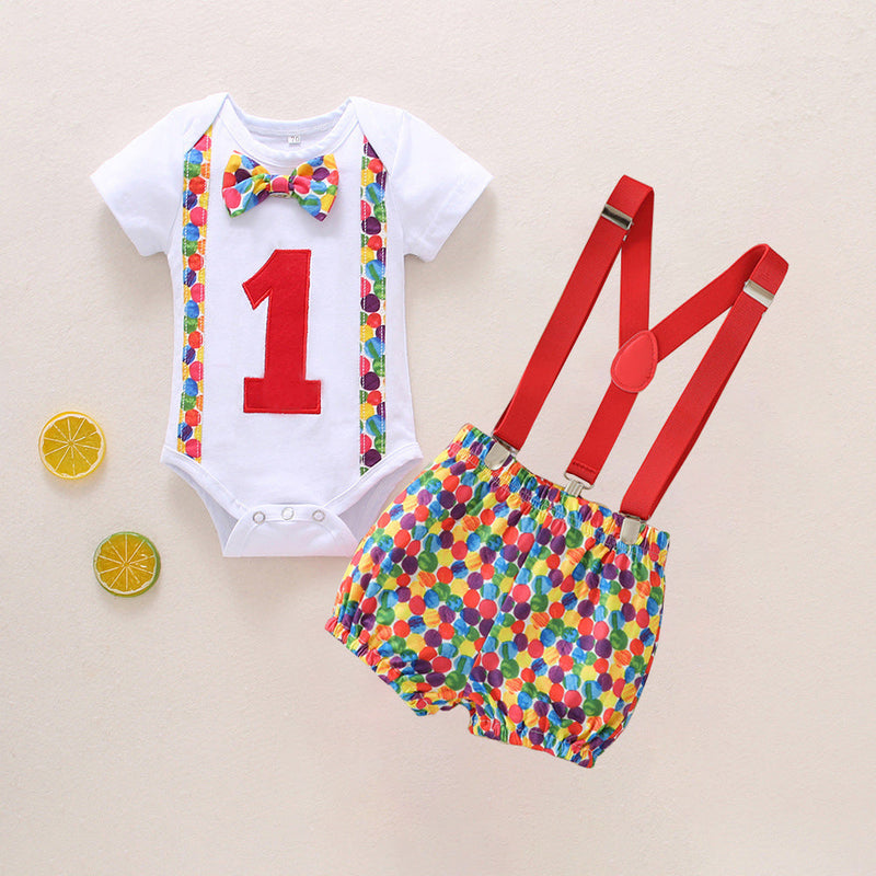 9-18M Baby Sets Birthday Multicolor Stone Print Bodysuit & Suspender Shorts Wholesale Baby Clothes - PrettyKid