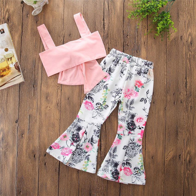 Toddler Kiss Girls' Solid Color Suspender Bra Top Flower Print Horn Pants Set - PrettyKid