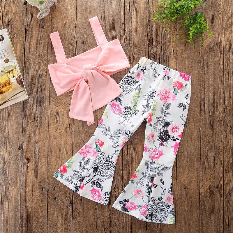 Toddler Kiss Girls' Solid Color Suspender Bra Top Flower Print Horn Pants Set - PrettyKid