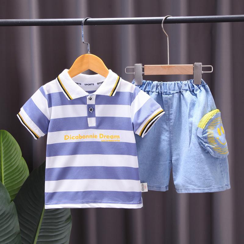 Toddler Boy Letter Print Striped POLO Shirt & Pocket Shorts - PrettyKid