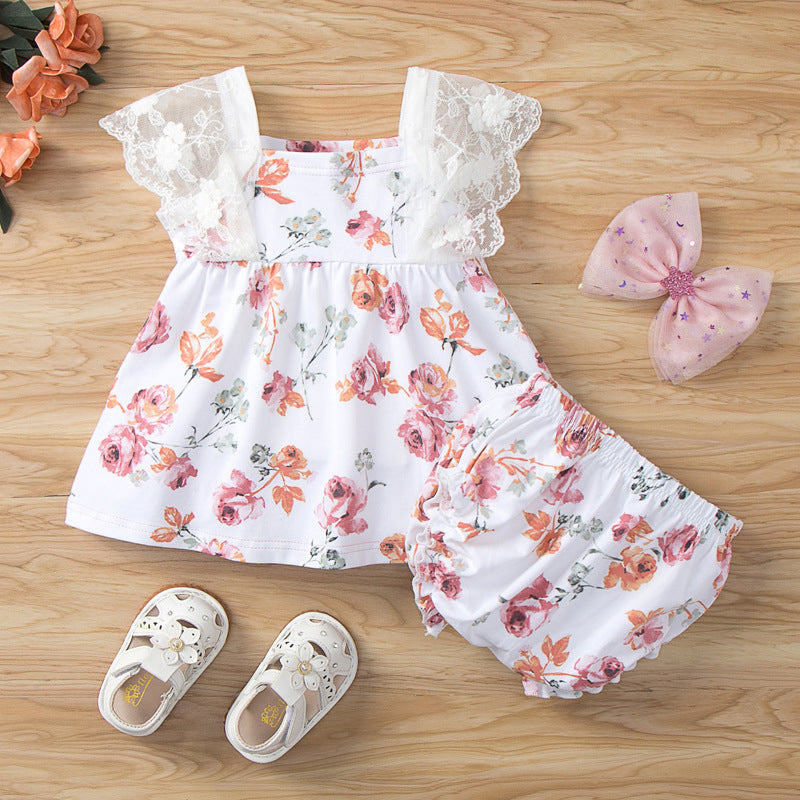 6M-3Y 2 Piece Sets For Girls Lolita Lace Sling Patchwork Print Head Flower Wholesale Baby Clothes - PrettyKid