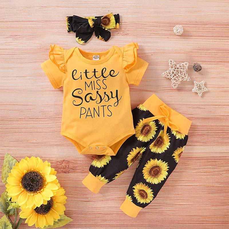 3-piece Ruffle Letter Pattern Bodysuit & Floral Printed Pants & Handband for Baby Girl - PrettyKid