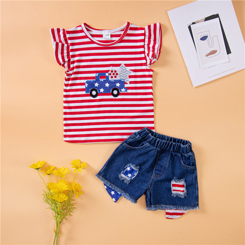2-7years Toddler Girl Sets Independence Day Striped Top & Denim Shorts Wholesale Little Girl Clothing - PrettyKid
